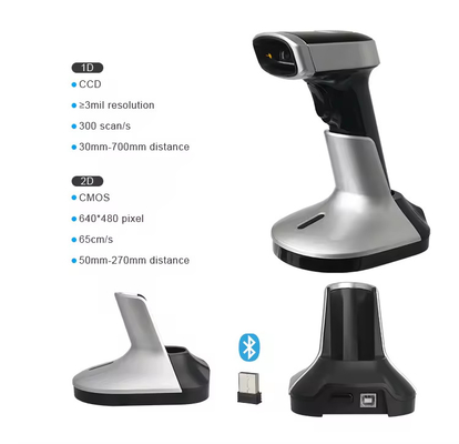 Draadloze Bluetooth barcode scanner voor mobiele apparaten 2D QR code reader met oplaadstation